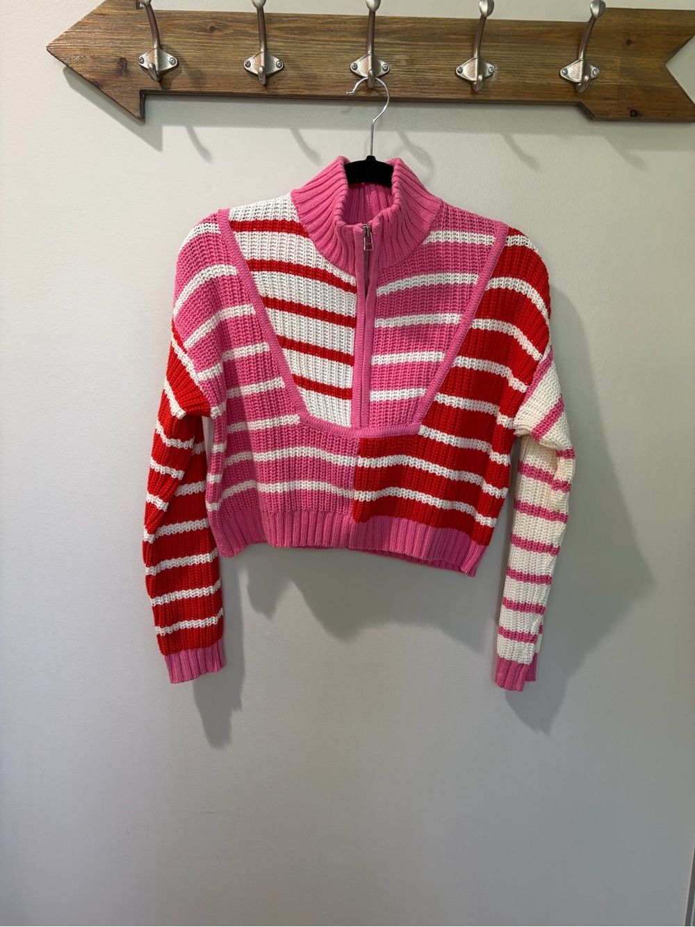 Altar’d State Pink Red Stripe Cropped Sweater XXS